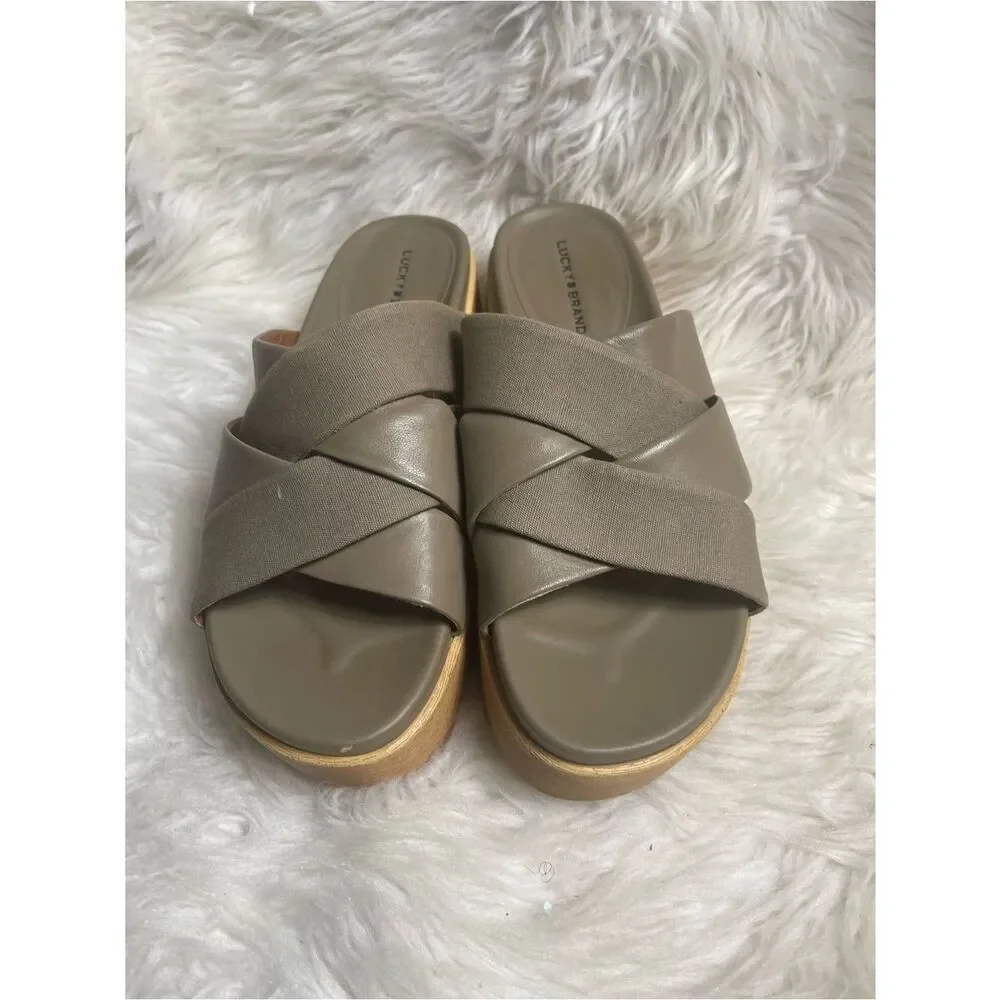 Lucky Brand Taupe Woven Platform Slide Sandals